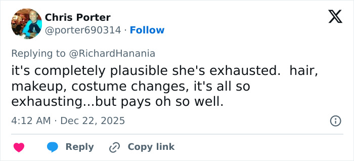 Tweet discussing exhaustion related to Erika Kirk&rsquo;s greatest Freudian slip at a TPUSA event, highlighting makeup and costume changes.