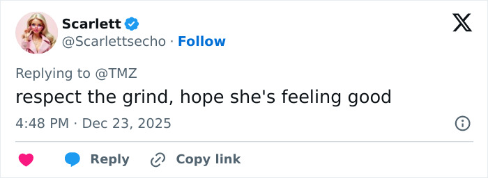 Tweet by Scarlett responding to TMZ, expressing hope that Amanda Bynes is feeling good after weight loss injections news.