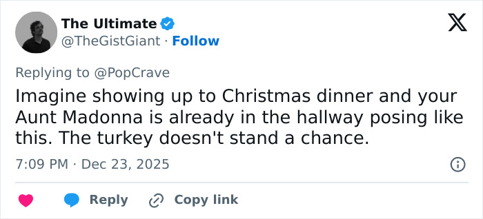 Tweet about Madonna's holiday lingerie photoshoot posing humorously before Christmas dinner, sparking social media frenzy.