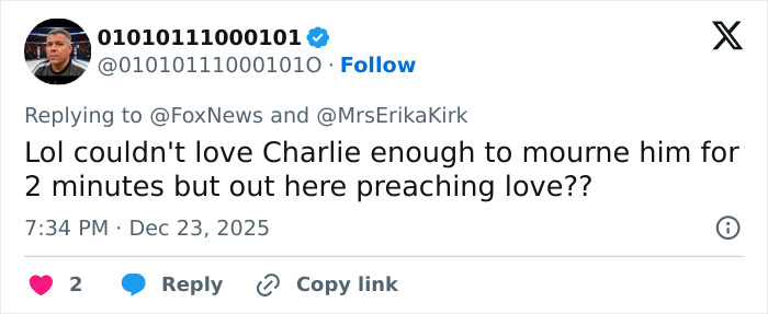 Screenshot of a social media post accusing Erika Kirk of cashing in on tragedy with a Christmas message promoting Charlie Kirk&rsquo;s book.