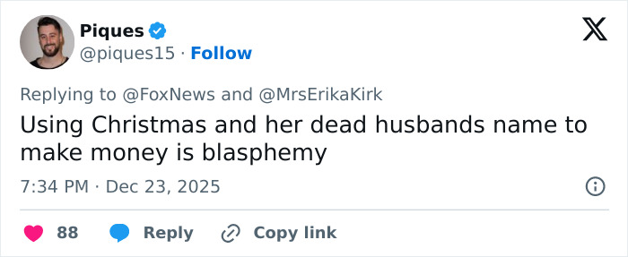 Tweet criticizing Erika Kirk for using Christmas and her late husband's name to promote Charlie Kirk's book and make money.