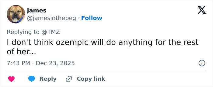 Tweet by James replying to TMZ about ozempic and weight loss, posted December 23, 2025 at 7:43 PM.