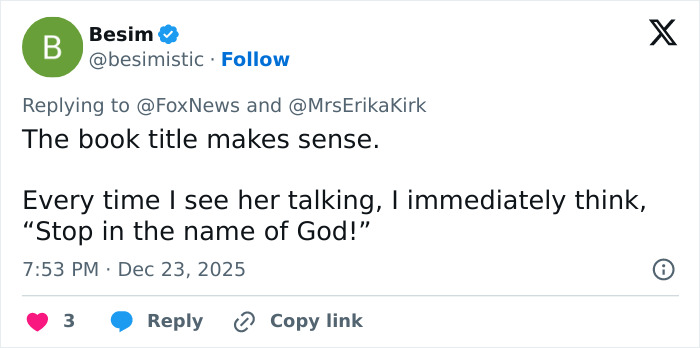 Tweet criticizing Erika Kirk for promoting Charlie Kirk&rsquo;s book with a message seen as cashing in on tragedy.