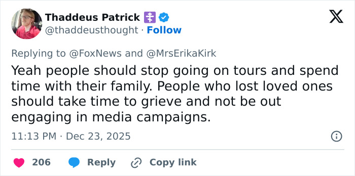 Screenshot of a tweet criticizing Erika Kirk for promoting Charlie Kirk&rsquo;s book during a time of tragedy.