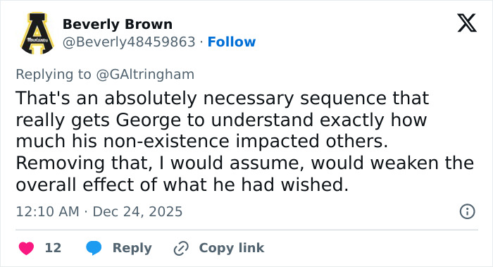 Tweet criticizing Amazon Prime for cutting a crucial scene from a beloved Christmas classic featuring character George's impact.