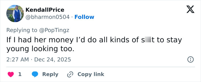 Twitter user commenting on Madonna&rsquo;s holiday lingerie photoshoot, mentioning photoshop and staying young.