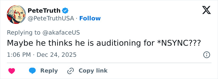 Tweet from user PeteTruthUSA joking about Machine Gun Kelly’s boy band dancing, comparing it to auditioning for NSYNC. Tweet from user PeteTruthUSA joking about Machine Gun Kelly’s boy band dancing, comparing it to auditioning for NSYNC.