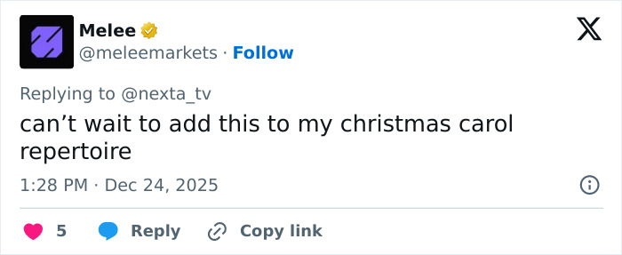Screenshot of a tweet expressing excitement to add Mongolian Jingle Bells throat singing Christmas anthem to holiday repertoire.
