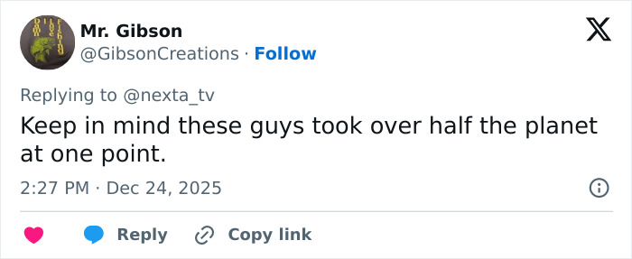 Tweet by Mr. Gibson referencing historical impact, dated December 24, 2025, related to Mongolian Jingle Bells throat singing.