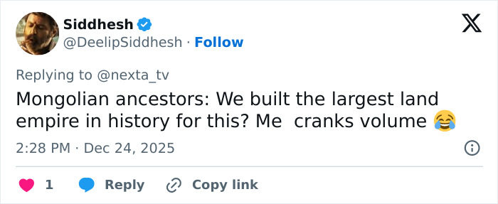 Screenshot of a tweet humorously referencing Mongolian jingle bells and throat singing viral Christmas anthem.