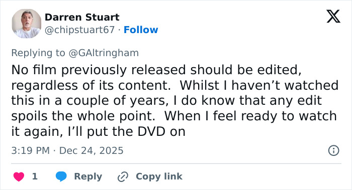 Screenshot of a tweet criticizing Amazon Prime for cutting a crucial scene from a beloved Christmas classic film.