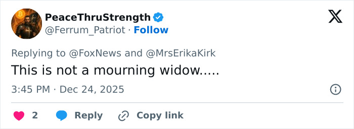 Tweet accusing Erika Kirk of cashing in on tragedy with Christmas message promoting Charlie Kirk&rsquo;s book.