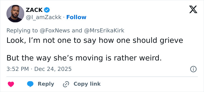 Tweet from Zack criticizing Erika Kirk&rsquo;s behavior amid controversy about cashing in on tragedy with Charlie Kirk book promotion.