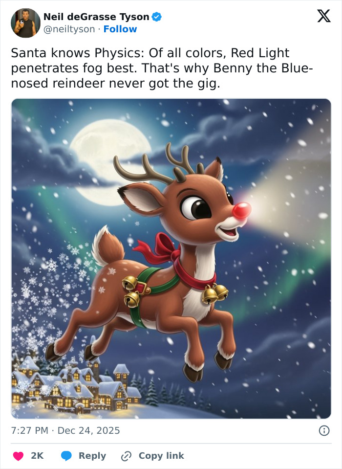 Animated Rudolph the Red-Nosed Reindeer flying over snowy village with glowing red nose in a winter night scene.