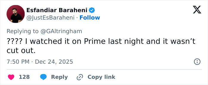 Screenshot of a tweet questioning the removal of a crucial scene from a beloved Christmas classic on Amazon Prime.