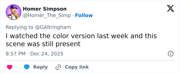 Tweet from Homer Simpson discussing confusion over a missing scene in a beloved Christmas classic on Amazon Prime.