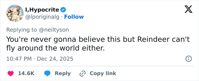 Screenshot of a tweet discussing the gender of Santa&rsquo;s reindeer Rudolph and reindeer&rsquo;s ability to fly.