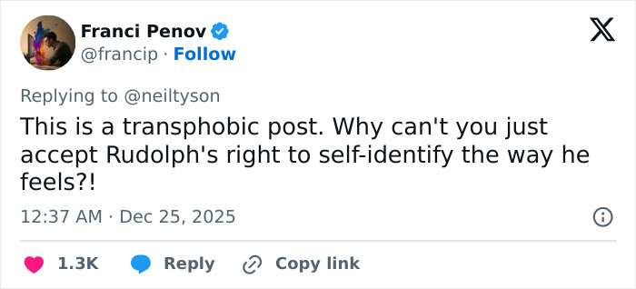 Tweet criticizing Neil deGrasse Tyson&rsquo;s explanation of Rudolph&rsquo;s gender, sparking internet debate on reindeer identity.