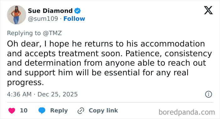 Tweet from Sue Diamond expressing concern and support for dad of Nickelodeon star Tylor Chase regarding health and homelessness update