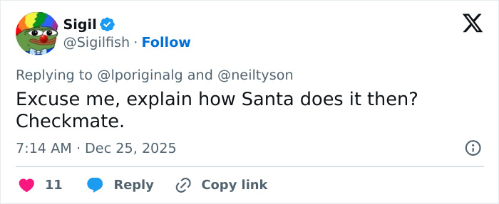 Tweet from user Sigil questioning Santa&rsquo;s reindeer gender explanation by Neil deGrasse Tyson on social media.