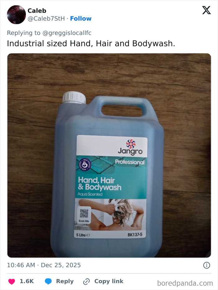 Large container of industrial-sized hand hair and bodywash shown as a funny worst Xmas present this holiday season.