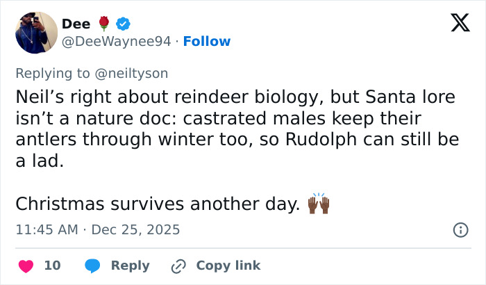 Tweet explaining reindeer biology and Rudolph&rsquo;s gender clarifications sparking internet reactions after Neil deGrasse Tyson&rsquo;s input.