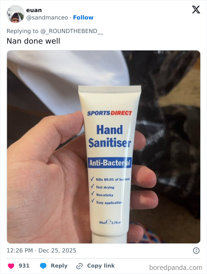 Hand sanitiser tube held in hand, an example of some of the worst Xmas presents people received this holiday season.