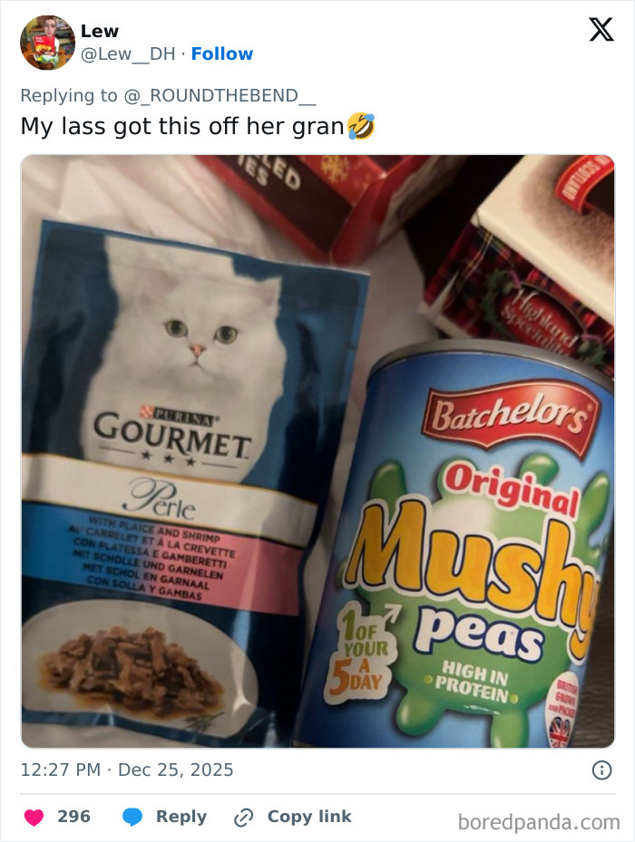 Cat food pouch and can of mushy peas side by side, examples of worst Xmas presents people received this holiday.