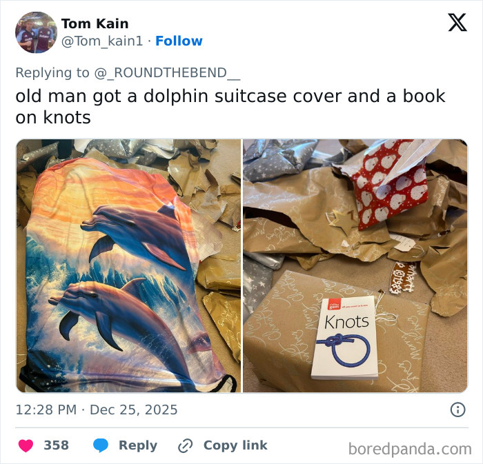 Dolphin suitcase cover and a book about knots among worst Xmas presents people received this holiday.