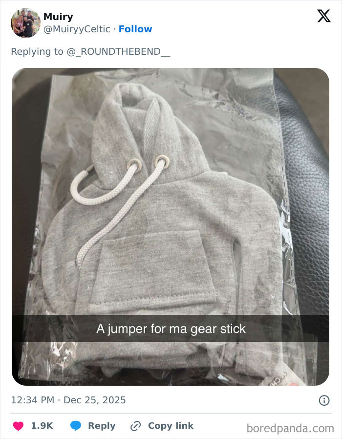 Mini grey hoodie packaged in plastic, described as a humorous worst Xmas present for a gear stick accessory.