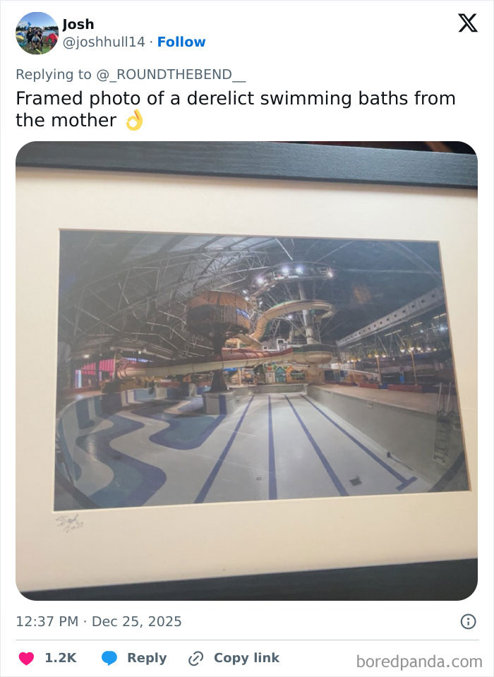 Framed photo of an empty derelict swimming baths, an example of worst Xmas presents people received this holiday.