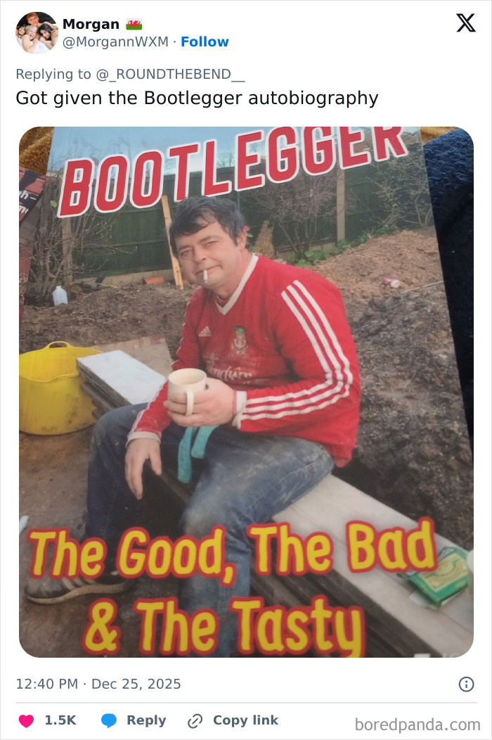 Man in casual clothes holding a mug on a Bootlegger autobiography cover, representing worst Xmas presents received.