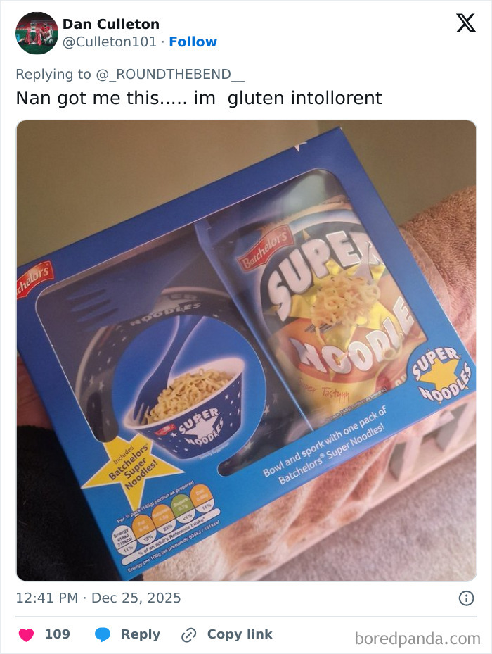 Boxed set of noodles and a bowl with spork included, an example of worst Xmas presents people received this holiday season.