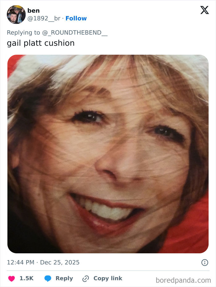 Close-up of a face printed on a cushion, an example of one of the worst Xmas presents people received this holiday season.