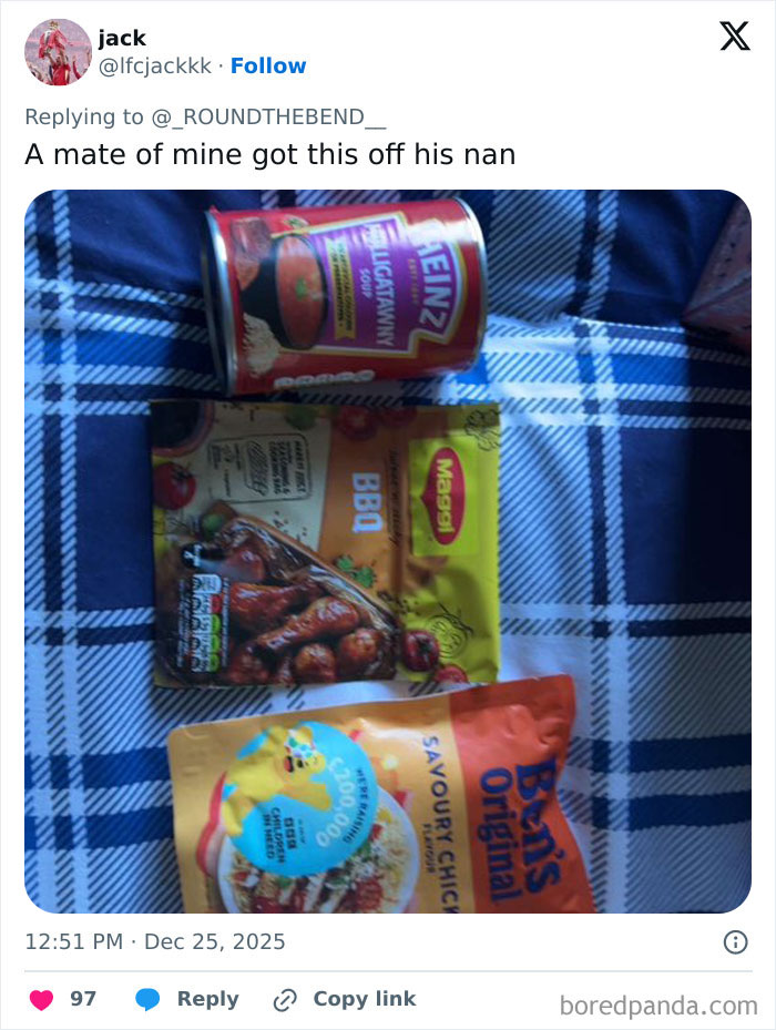 Canned soup, BBQ sauce mix, and instant savory chicken meal pictured as worst Xmas presents received on holiday.