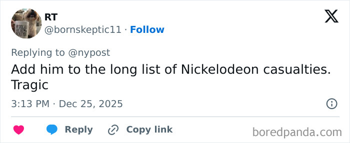 Twitter reply about Nickelodeon casualties, expressing sadness related to dad of Nickelodeon star Tylor Chase's health update.
