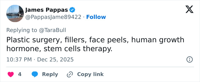 Tweet by James Pappas explaining plastic surgery, fillers, face peels, hormone, and stem cell therapy in a discussion about surgeons.