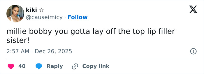 Fan tweet reacting to Millie Bobby Brown with a viral Stranger Things shot sparking online attention and discussion.