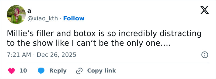 Tweet text from user @xiao_kth expressing distraction caused by Millie Bobby Brown&rsquo;s filler and botox in a viral Stranger Things shot.