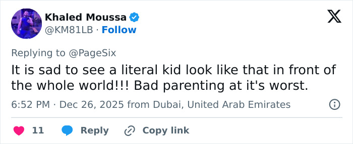 Tweet from Khaled Moussa criticizing parenting after North West&rsquo;s controversial new look sparks divided reactions on parent-run account.