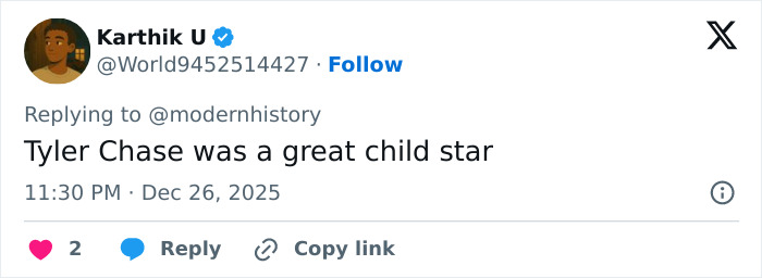 Screenshot of a tweet stating Tyler Chase was a great child star, related to former child actor Tylor Chase’s rap sheet.