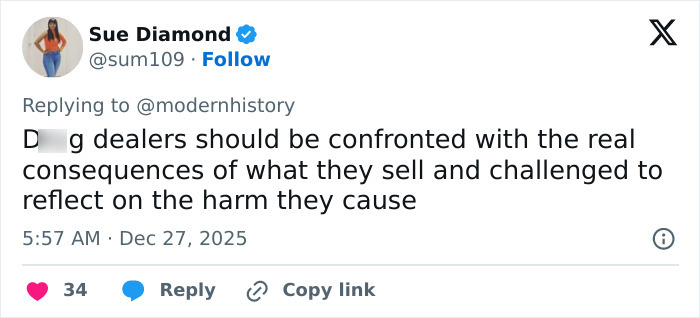 Tweet by Sue Diamond discussing consequences of d**g dealing, related to former child actor Tylor Chase’s recent troubles and family response.