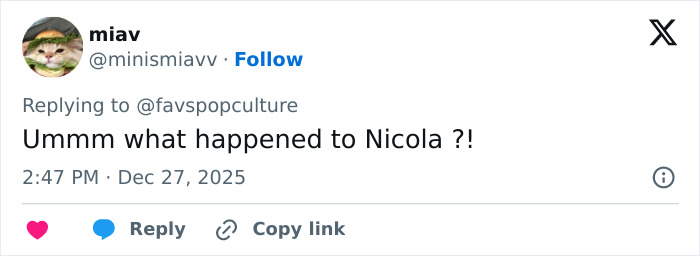 Tweet from user asking what happened to Nicola, related to fans thinking Brooklyn&rsquo;s wife Nicola Peltz and Victoria exchanged subtle jabs.