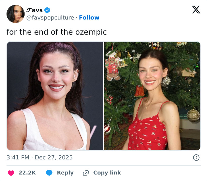 Side-by-side images of Nicola Peltz smiling in different outfits, fans discuss subtle jabs in Christmas posts.