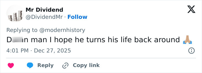 Screenshot of a Twitter reply expressing hope that former child actor Tylor Chase turns his life around amid recent troubles.