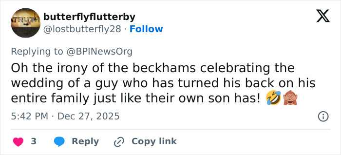 Tweet discussing the Beckhams celebrating a wedding, highlighting family tensions similar to Gordon Ramsay's daughter's satin bed sheet dress buzz.