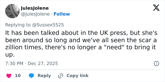 Tweet discussing Kate Middleton's scar and the conspiracy theories about her never having cancer in a Christmas appearance.