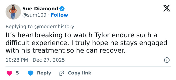 Tweet by Sue Diamond expressing concern for former child actor Tylor Chase’s struggles and hope for his recovery through treatment.
