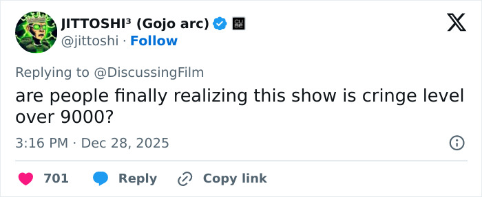 Tweet criticizing Stranger Things 5 as cringe level over 9000, reflecting comically bad fan reactions online. Tweet criticizing Stranger Things 5 as cringe level over 9000, reflecting comically bad fan reactions online.