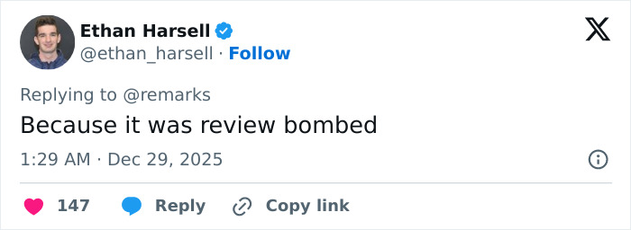 Tweet by Ethan Harsell replying about Stranger Things 5 being review bombed after a comically bad episode online. Tweet by Ethan Harsell replying about Stranger Things 5 being review bombed after a comically bad episode online.